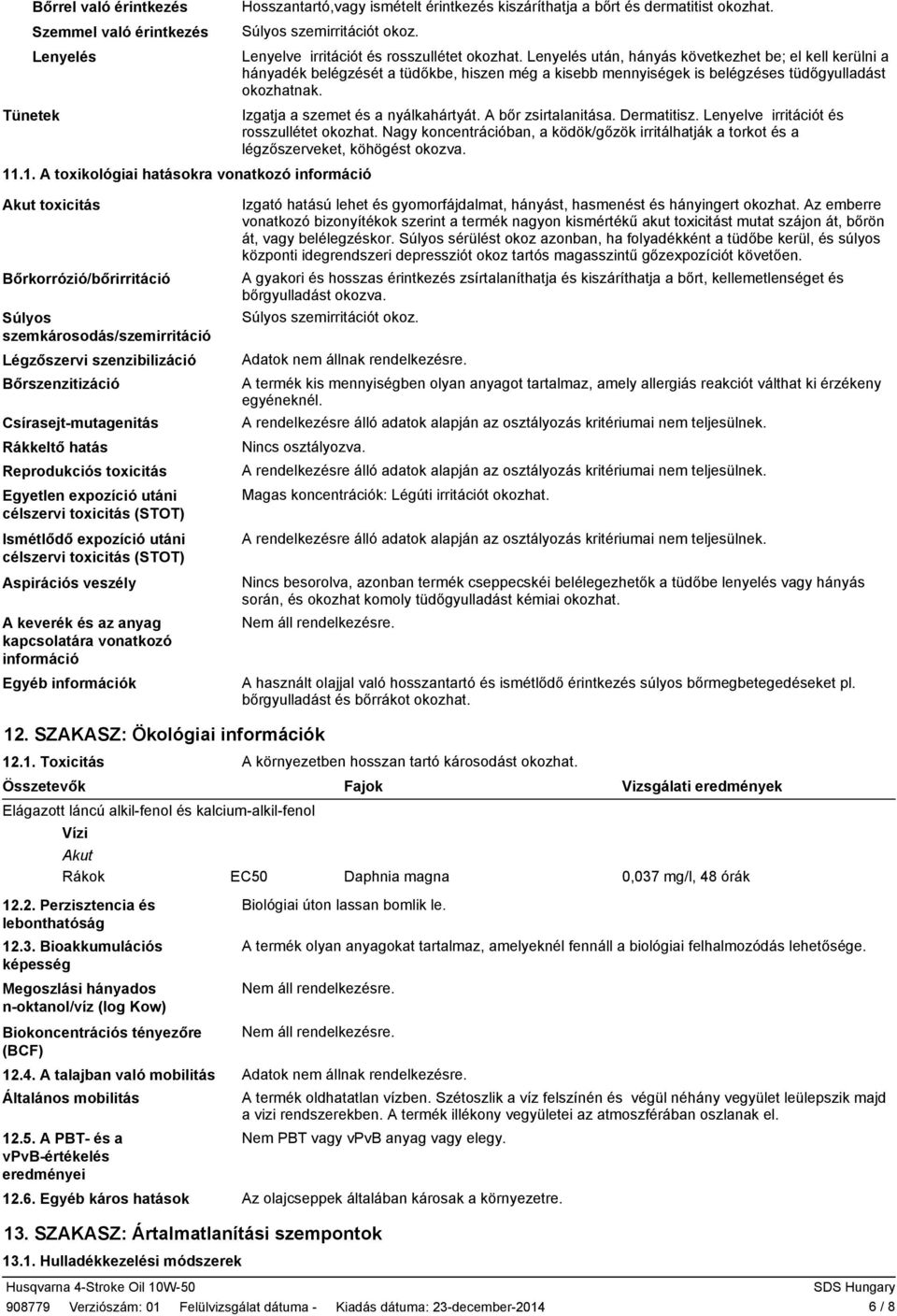 Lenyelés után, hányás következhet be; el kell kerülni a hányadék belégzését a tüdőkbe, hiszen még a kisebb mennyiségek is belégzéses tüdőgyulladást okozhatnak.