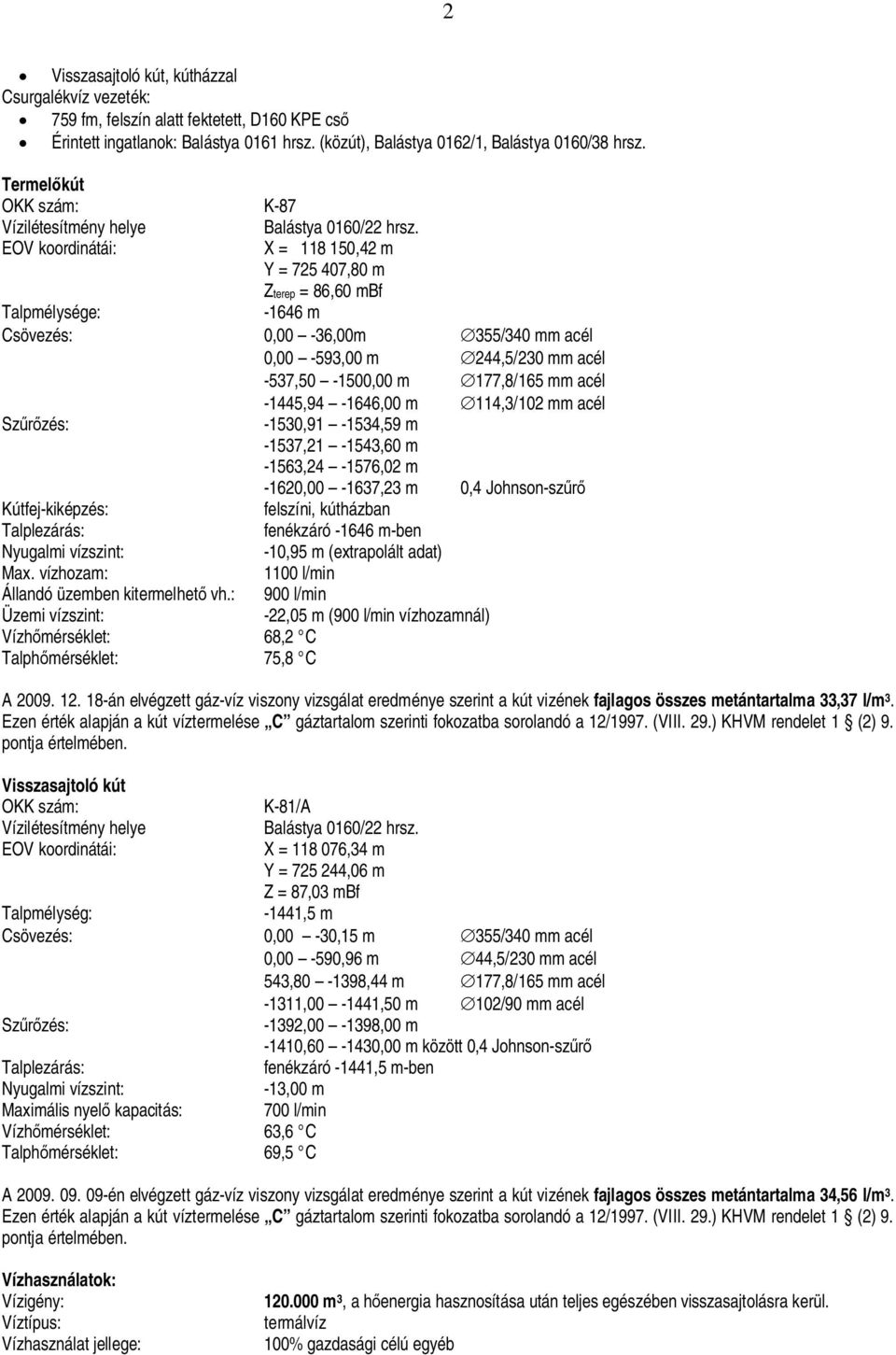 EOV koordinátái: X = 118 150,42 m Y = 725 407,80 m Zterep = 86,60 mbf Talpmélysége: -1646 m Csövezés: 0,00-36,00m 355/340 mm acél 0,00-593,00 m 244,5/230 mm acél -537,50-1500,00 m 177,8/165 mm acél