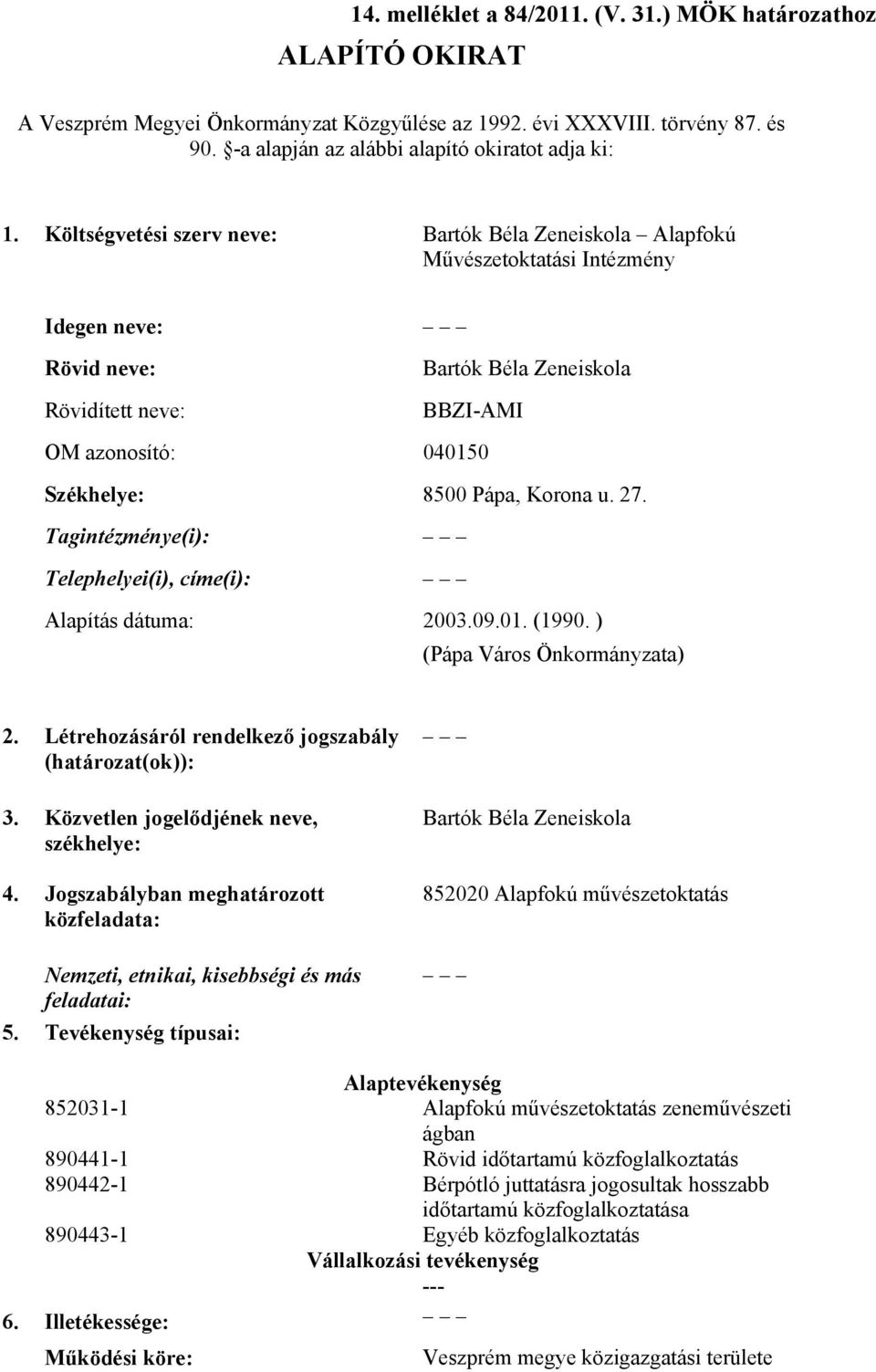 Pápa, Korona u. 27. Tagintézménye(i): Telephelyei(i), címe(i): Alapítás dátuma: 2003.09.01. (1990. ) (Pápa Város Önkormányzata) 2. Létrehozásáról rendelkező jogszabály (határozat(ok)): 3.