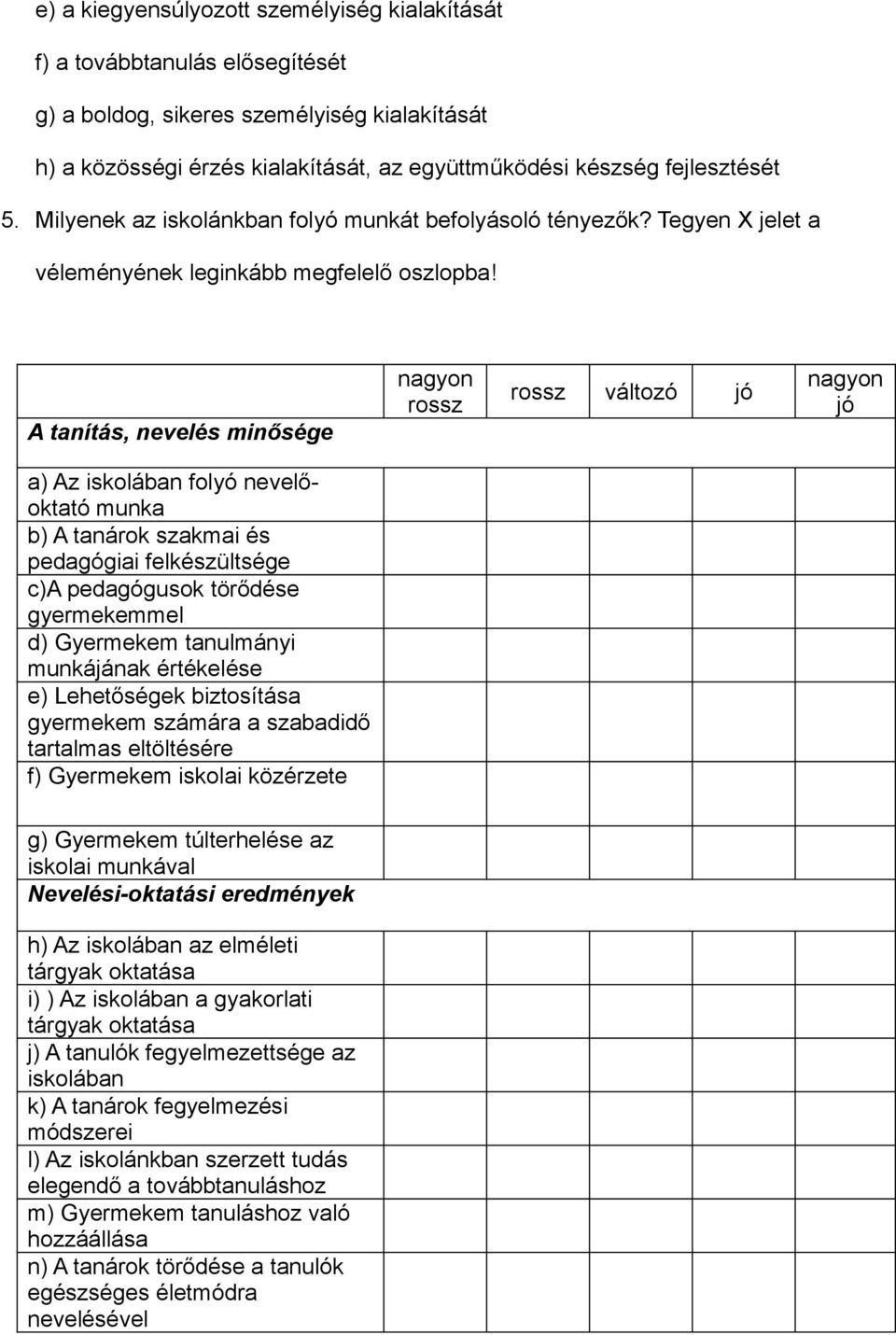 A tanítás, nevelés minősége nagyon rossz rossz változó jó nagyon jó a) Az iskolában folyó nevelőoktató munka b) A tanárok szakmai és pedagógiai felkészültsége c)a pedagógusok törődése gyermekemmel d)