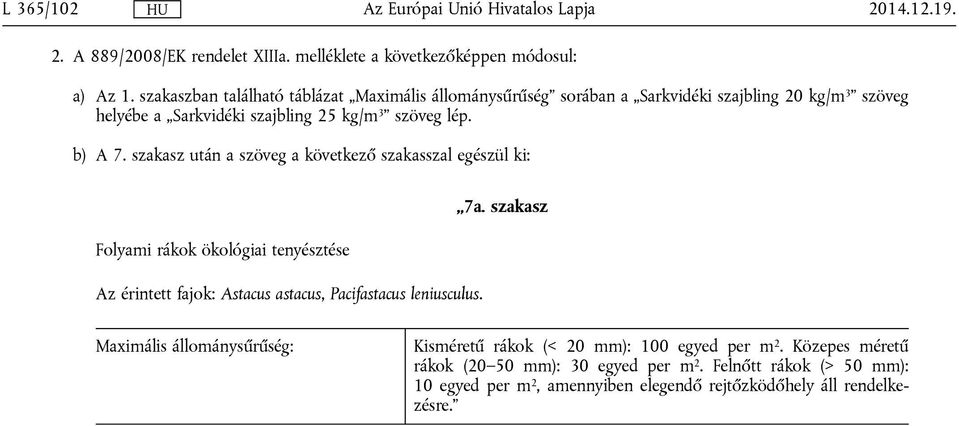 szakasz után a szöveg a következő szakasszal egészül ki: Folyami rákok ökológiai tenyésztése Az érintett fajok: Astacus astacus, Pacifastacus leniusculus. 7a.