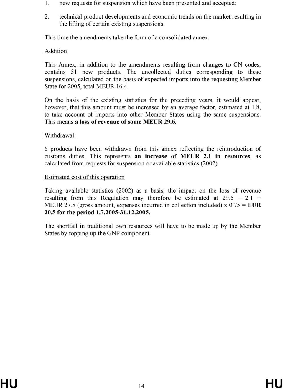 The uncollected duties corresponding to these suspensions, calculated on the basis of pected imports into the requesting Member State for 2005, total MEUR 16.4.