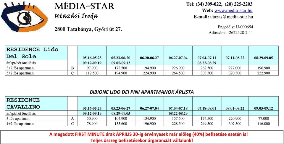 900 BIBIONE LIDO DEI PINI APARTMANOK ÁRLISTA RESIDENCE CAVALLINO 05.16-05.23 05.23-06-27 06.27-07.04 07.04-07.18 07.18-08.01 08.01-08.22 09.05-09.12 3 fős apartman A 50.900 104.900 134.