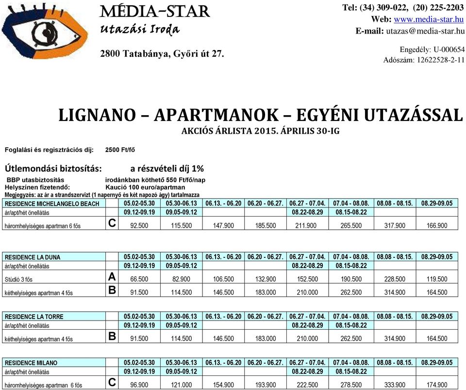 Megjegyzés: az ár a strandszervizt (1 napernyő és két napozó ágy) tartalmazza RESIDENCE MICHELANGELO BEACH 05.02-05.30 05.30-06.13 06.13. - 06.20 06.20-06.27. 06.27-07.04. 07.04-08.08. 08.08-08.15.