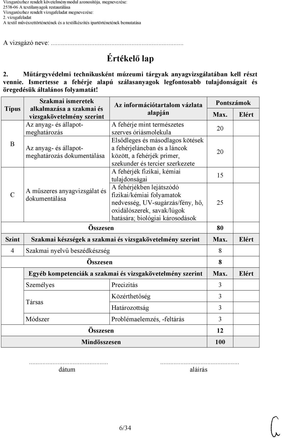 Típus B C Szakmai ismeretek alkalmazása a szakmai és vizsgakövetelmény szerint Az anyag- és állapotmeghatározás Az anyag- és állapotmeghatározás dokumentálása A műszeres anyagvizsgálat és