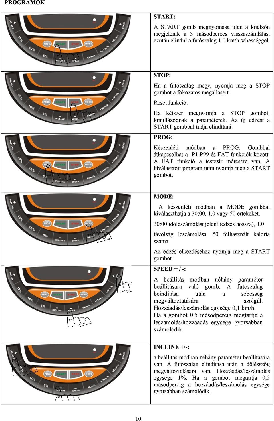 Az új edzést a START gombbal tudja elindítani. PROG: Készenléti módban a PROG. Gombbal átkapcsolhat a P-P99 és FAT funkciók között. A FAT funkció a testzsír mérésére van.