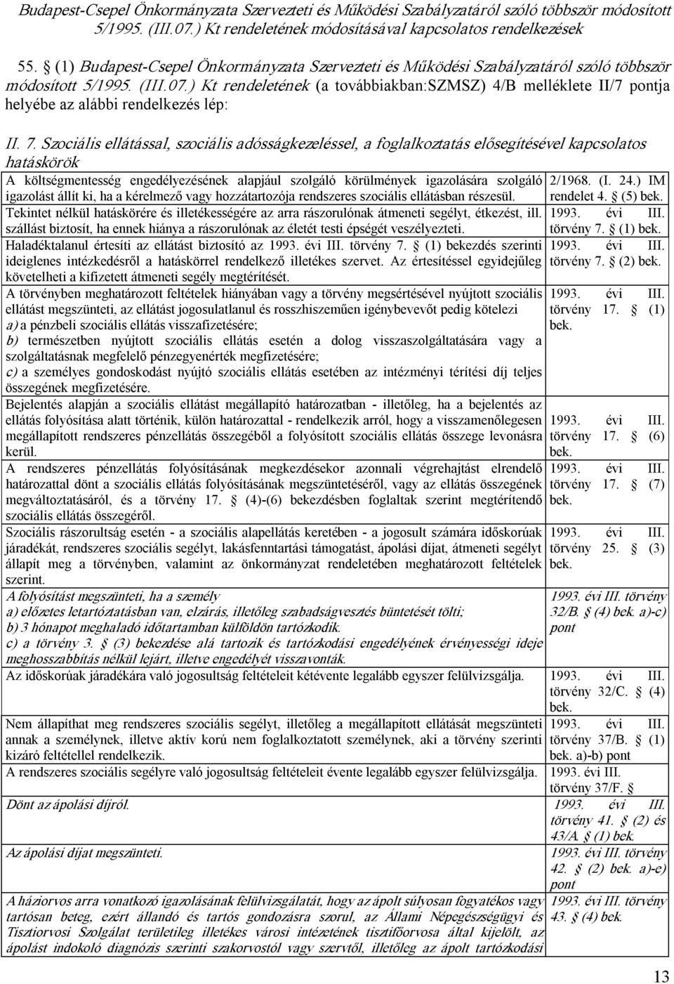 ) Kt rendeletének (a továbbiakban:szmsz) 4/B melléklete II/7 pontja helyébe az alábbi rendelkezés lép: II. 7.