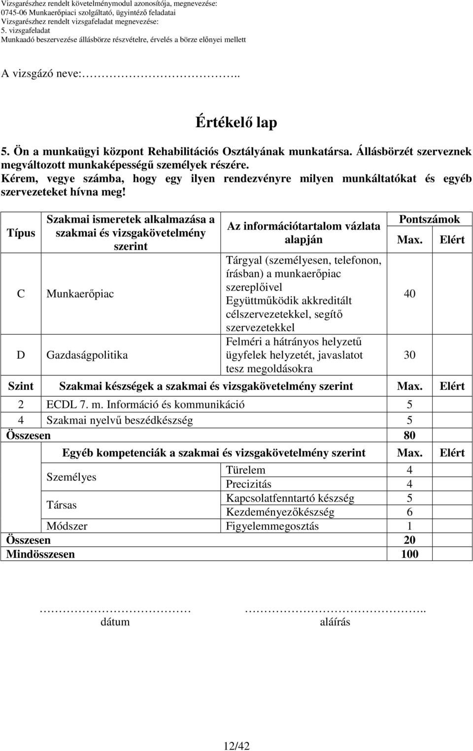 Típus C D Szakmai ismeretek alkalmazása a szakmai és vizsgakövetelmény szerint Munkaerıpiac Gazdaságpolitika Az információtartalom vázlata alapján Tárgyal (személyesen, telefonon, írásban) a