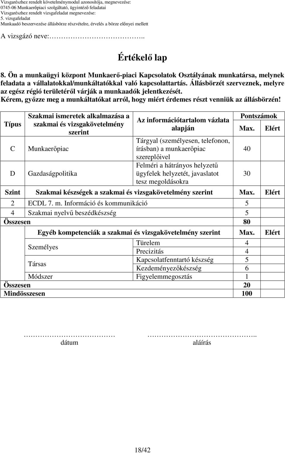 Típus C D Szakmai ismeretek alkalmazása a szakmai és vizsgakövetelmény szerint Munkaerıpiac Gazdaságpolitika Az információtartalom vázlata alapján Tárgyal (személyesen, telefonon, írásban) a