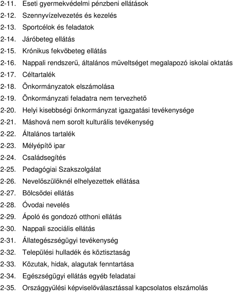 Helyi kisebbségi önkormányzat igazgatási tevékenysége 2-21. Máshová nem sorolt kulturális tevékenység 2-22. Általános tartalék 2-23. Mélyépítı ipar 2-24. Családsegítés 2-25.