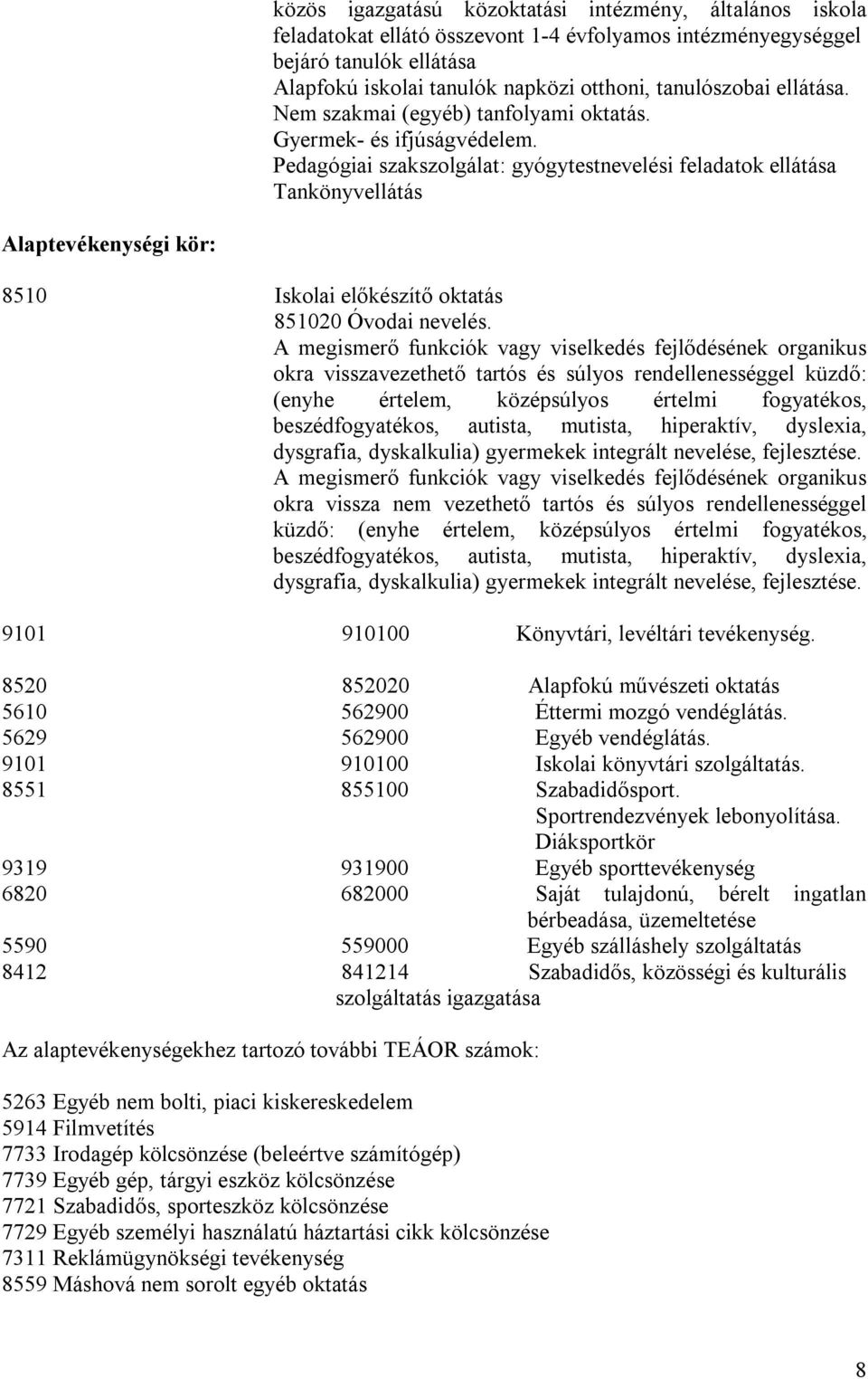 Pedagógiai szakszolgálat: gyógytestnevelési feladatok ellátása Tankönyvellátás Alaptevékenységi kör: 8510 Iskolai előkészítő oktatás 851020 Óvodai nevelés.