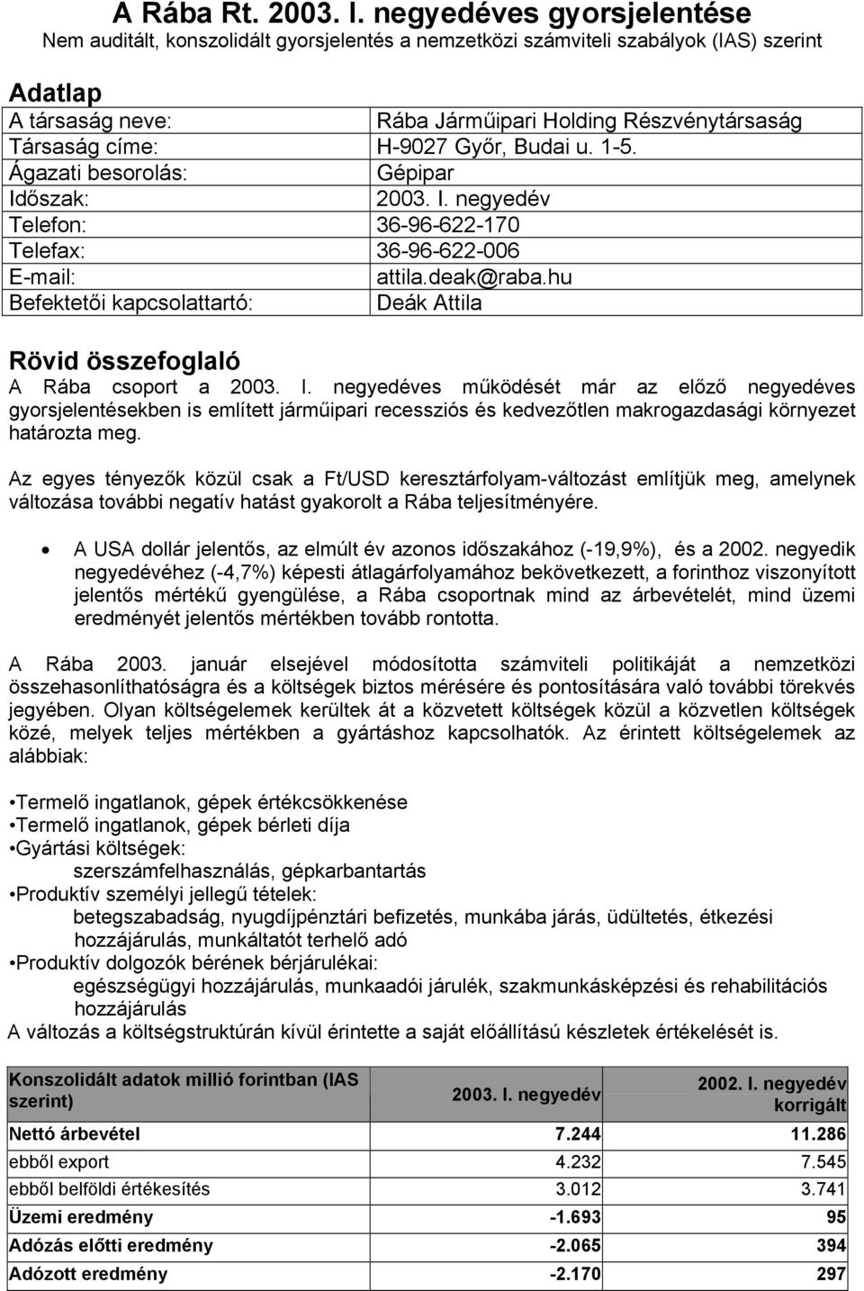 H-9027 Győr, Budai u. 1-5. Ágazati besorolás: Gépipar Időszak: 2003. I. negyedév Telefon: 36-96-622-170 Telefax: 36-96-622-006 E-mail: attila.deak@raba.