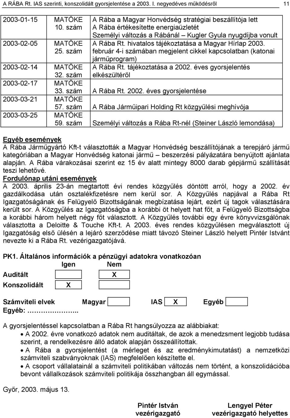 hivatalos tájékoztatása a Magyar Hírlap 2003. február 4-i számában megjelent cikkel kapcsolatban (katonai járműprogram) A Rába Rt. tájékoztatása a 2002.