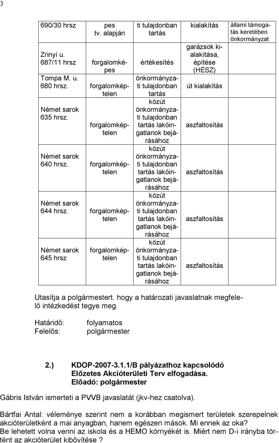 hogy a határozati javaslatnak megfelelő intézkedést tegye meg. Határidő: Felelős: folyamatos 2.) KDOP-2007-3.1.1/B pályázathoz kapcsolódó Előzetes Akcióterületi Terv elfogadása.