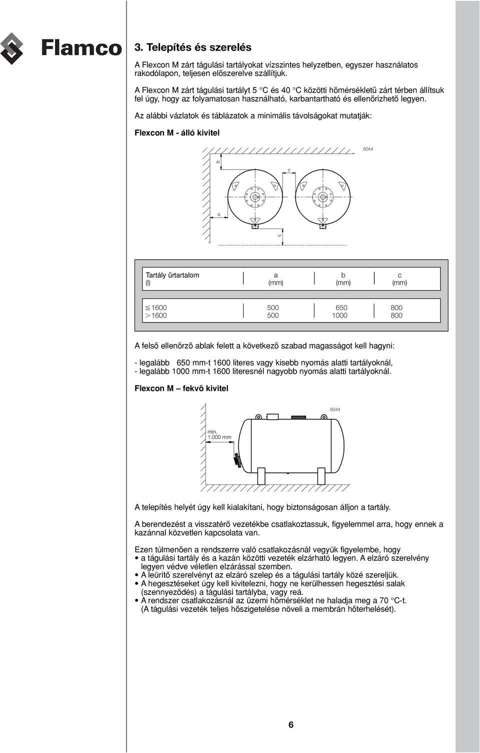 Az alábbi vázlatok és táblázatok a minimális távolságokat mutatják: Flexcon M - álló kivitel 6044 Tartály uªrtartalom a b c (l) (mm) (mm) (mm) 1600 00 60 800 1600 00 1000 800 A felsoª ellenoªrzoª