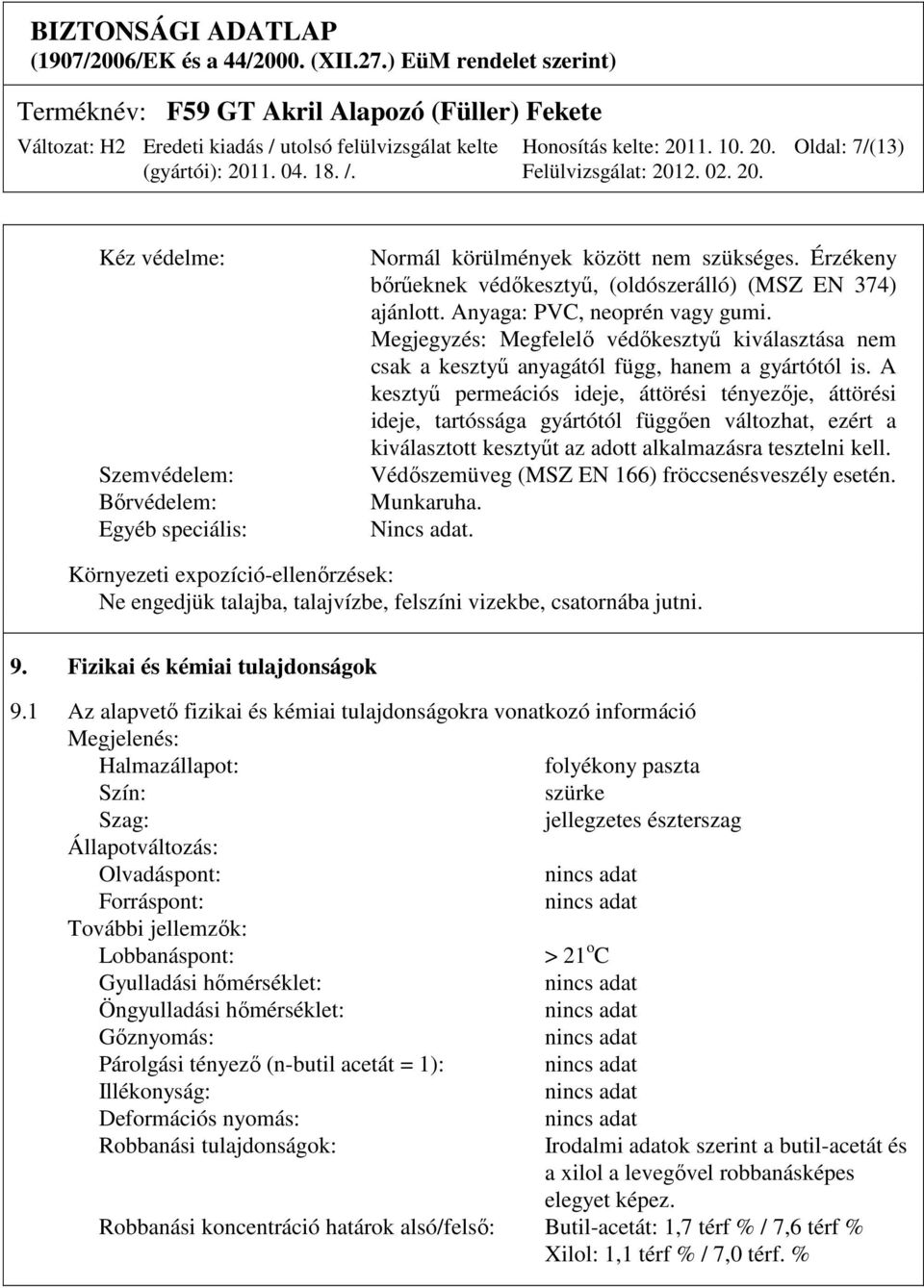 A kesztyű permeációs ideje, áttörési tényezője, áttörési ideje, tartóssága gyártótól függően változhat, ezért a kiválasztott kesztyűt az adott alkalmazásra tesztelni kell.