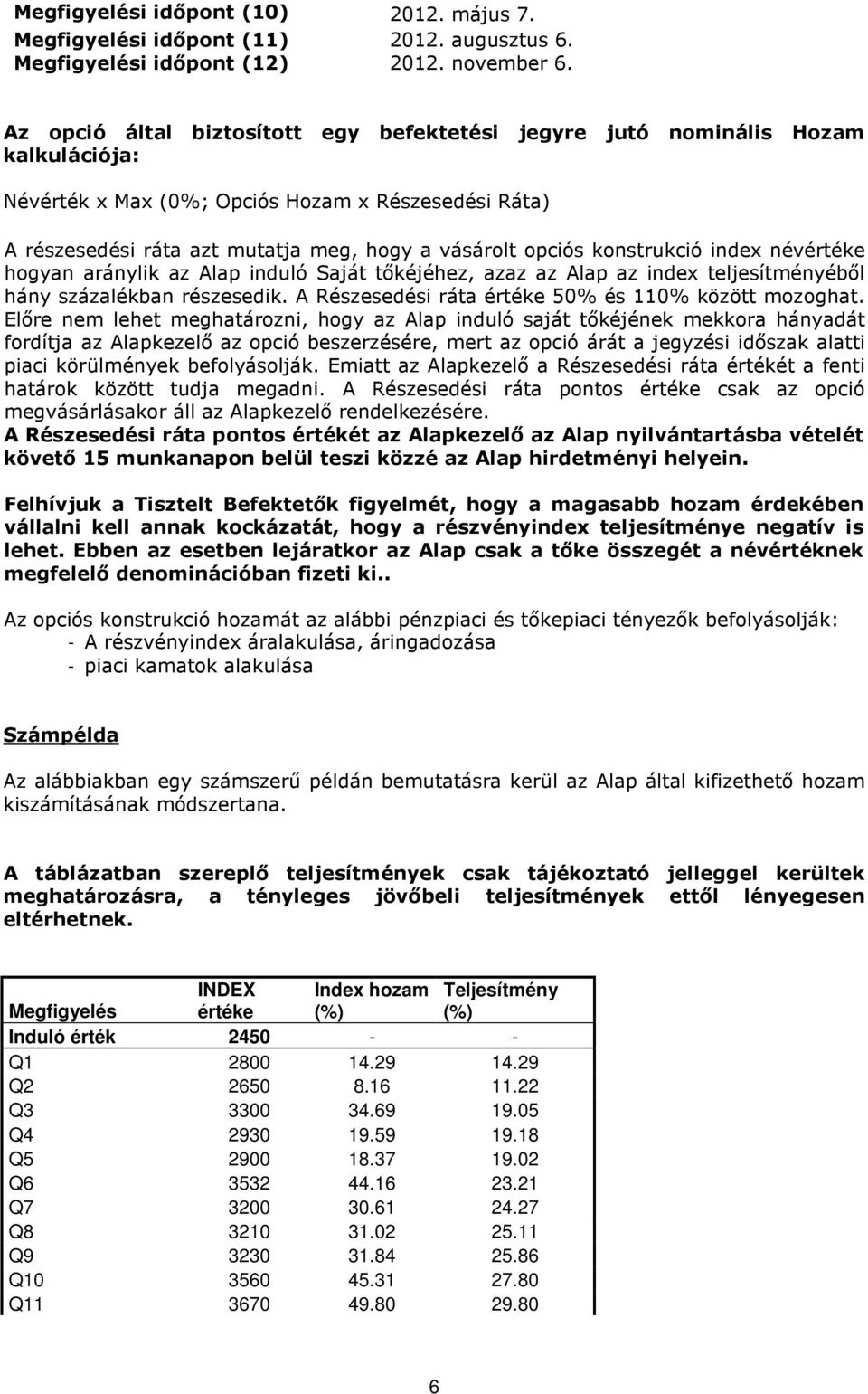 konstrukció index névértéke hogyan aránylik az Alap induló Saját tıkéjéhez, azaz az Alap az index teljesítményébıl hány százalékban részesedik. A Részesedési ráta értéke 50% és 110% között mozoghat.