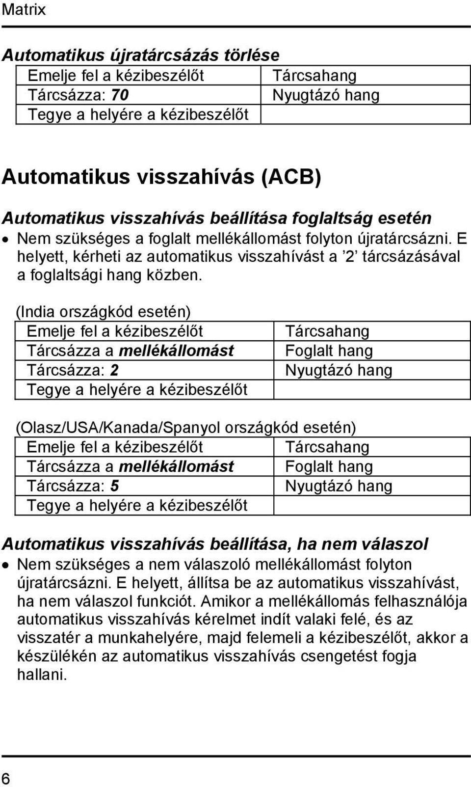 (India országkód esetén) Tárcsázza a mellékállomást Tárcsázza: 2 Tegye a helyére a kézibeszélőt Foglalt hang (Olasz/USA/Kanada/Spanyol országkód esetén) Tárcsázza a mellékállomást Foglalt hang