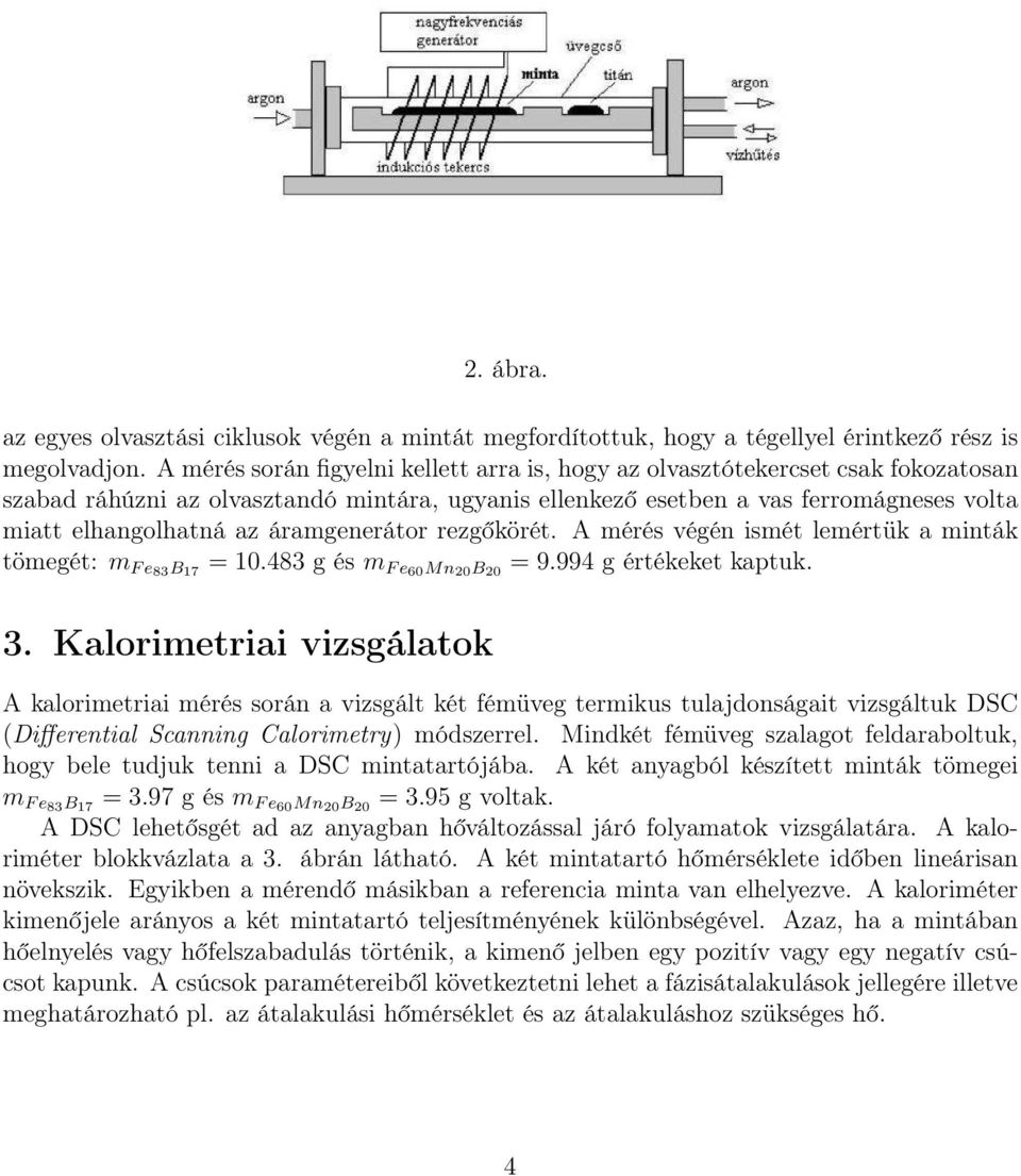 áramgenerátor rezgőkörét. A mérés végén ismét lemértük a minták tömegét: m Fe83 B 17 = 10.483 g és m Fe60 Mn 20 B 20 = 9.994 g értékeket kaptuk. 3.