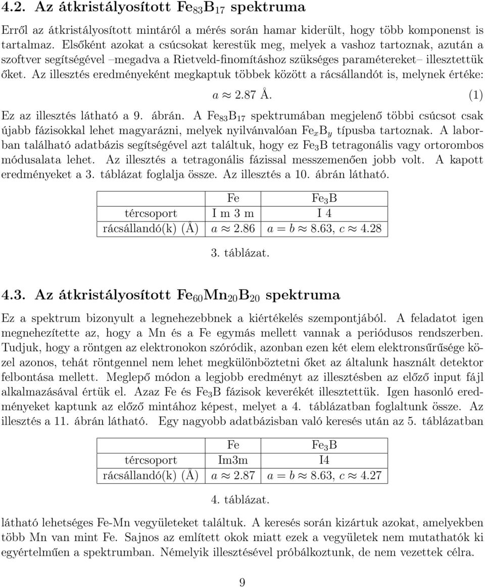 Az illesztés eredményeként megkaptuk többek között a rácsállandót is, melynek értéke: a 2.87 Å. (1) Ez az illesztés látható a 9. ábrán.