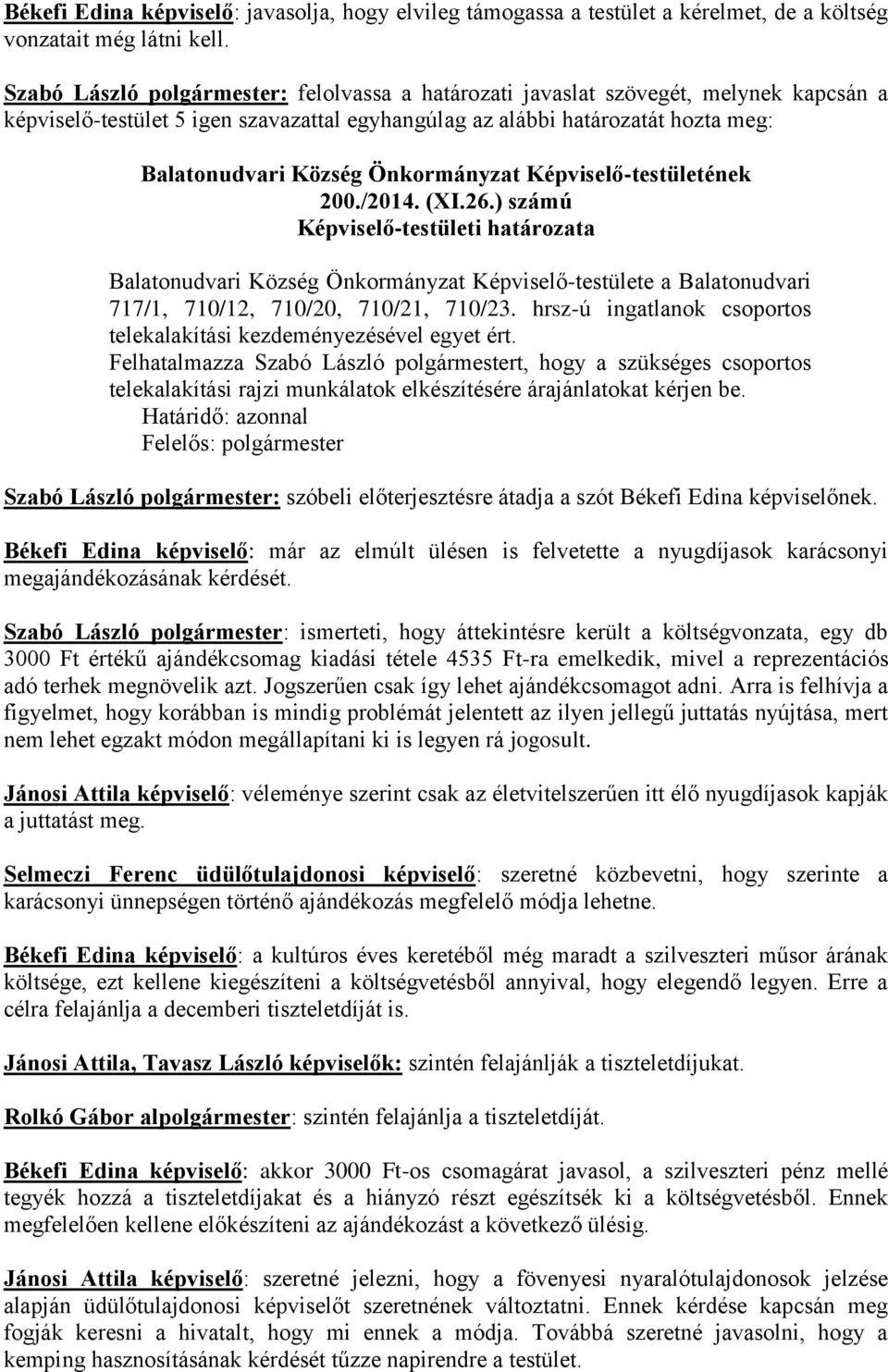 ) számú Balatonudvari Község Önkormányzat Képviselő-testülete a Balatonudvari 717/1, 710/12, 710/20, 710/21, 710/23. hrsz-ú ingatlanok csoportos telekalakítási kezdeményezésével egyet ért.