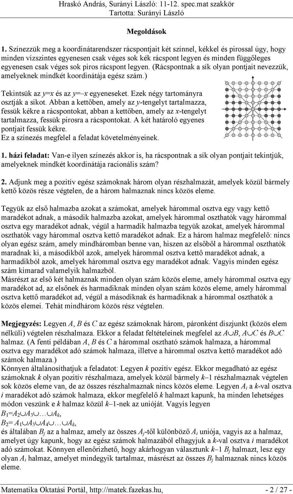 piros rácspont legyen. (Rácspontnak a sík olyan pontjait nevezzük, amelyeknek mindkét koordinátája egész szám.) Tekintsük az y=x és az y= x egyeneseket. Ezek négy tartományra osztják a síkot.