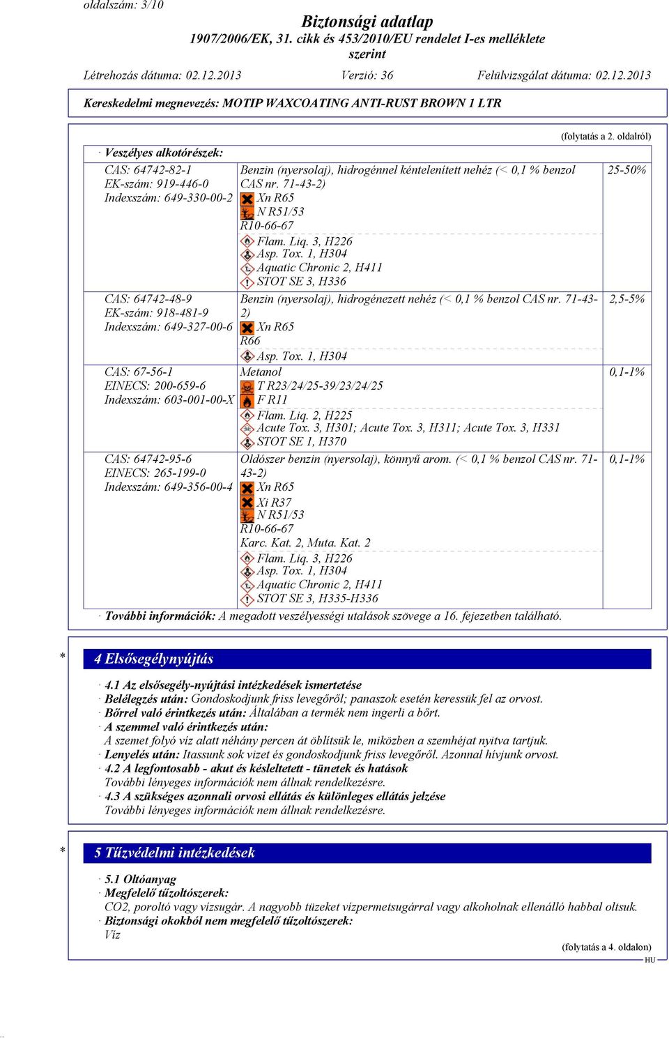 3, H226 Asp. Tox. 1, H304 Aquatic Chronic 2, H411 STOT SE 3, H336 Benzin (nyersolaj), hidrogénezett nehéz (< 0,1 % benzol CAS nr. 71-43- 2) Xn R65 R66 Asp. Tox. 1, H304 Metanol T R23/24/25-39/23/24/25 F R11 Flam.