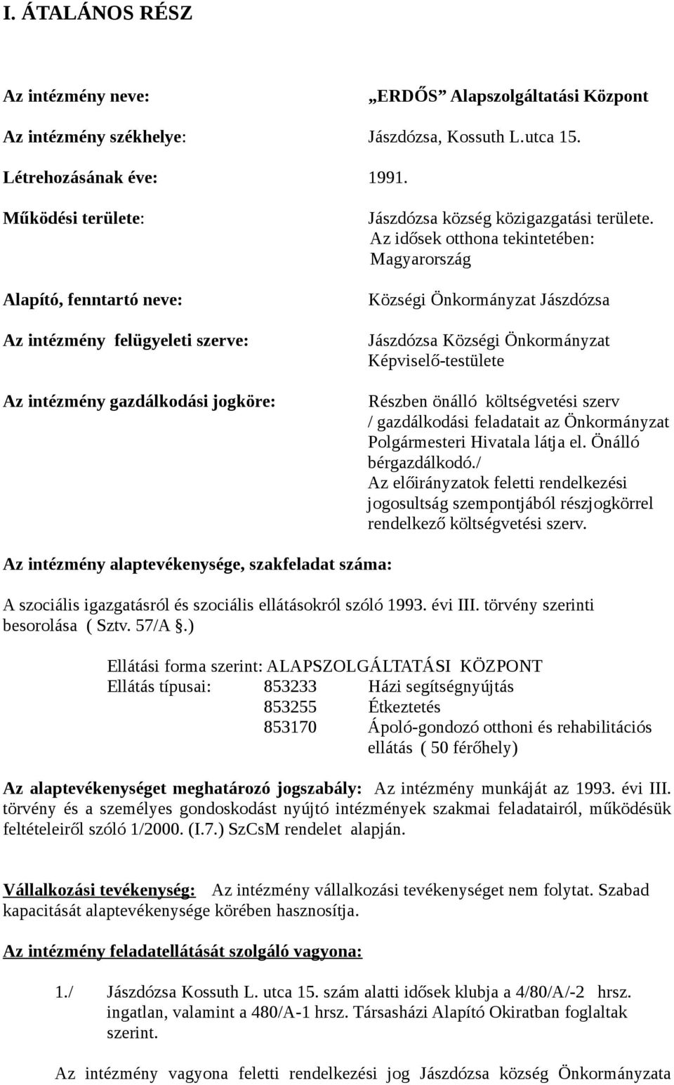 Az idősek otthona tekintetében: Magyarország Községi Önkormányzat Jászdózsa Jászdózsa Községi Önkormányzat Képviselő-testülete Részben önálló költségvetési szerv / gazdálkodási feladatait az