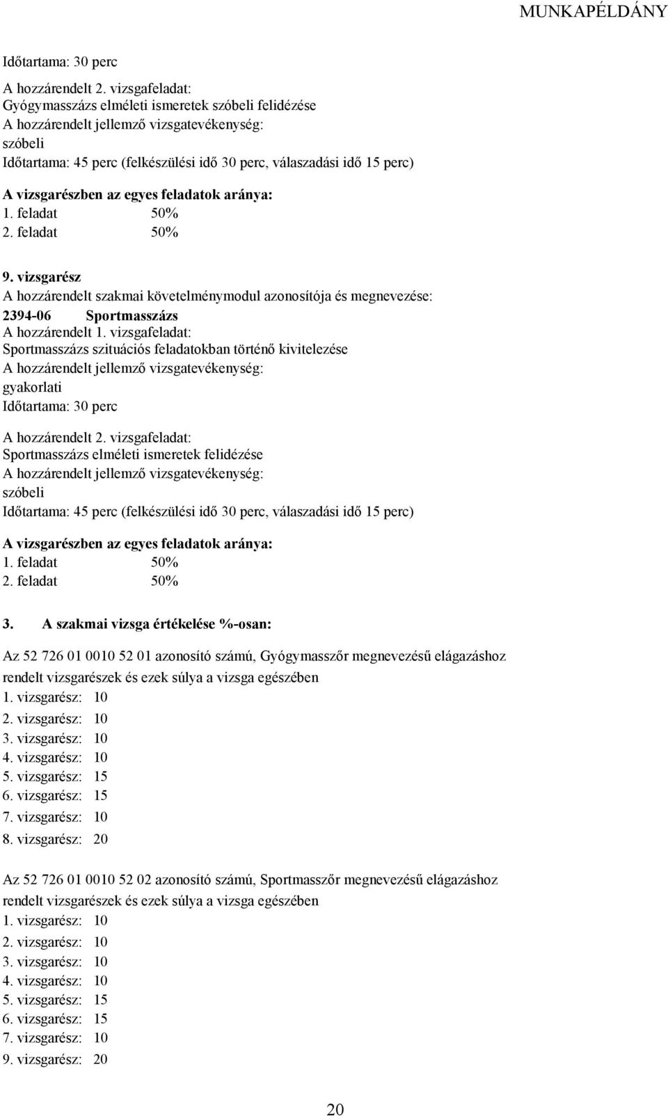 vizsgarészben az egyes feladatok aránya: 1. feladat 50% 2. feladat 50% 9. vizsgarész A hozzárendelt szakmai követelménymodul azonosítója és megnevezése: 2394-06 Sportmasszázs A hozzárendelt 1.