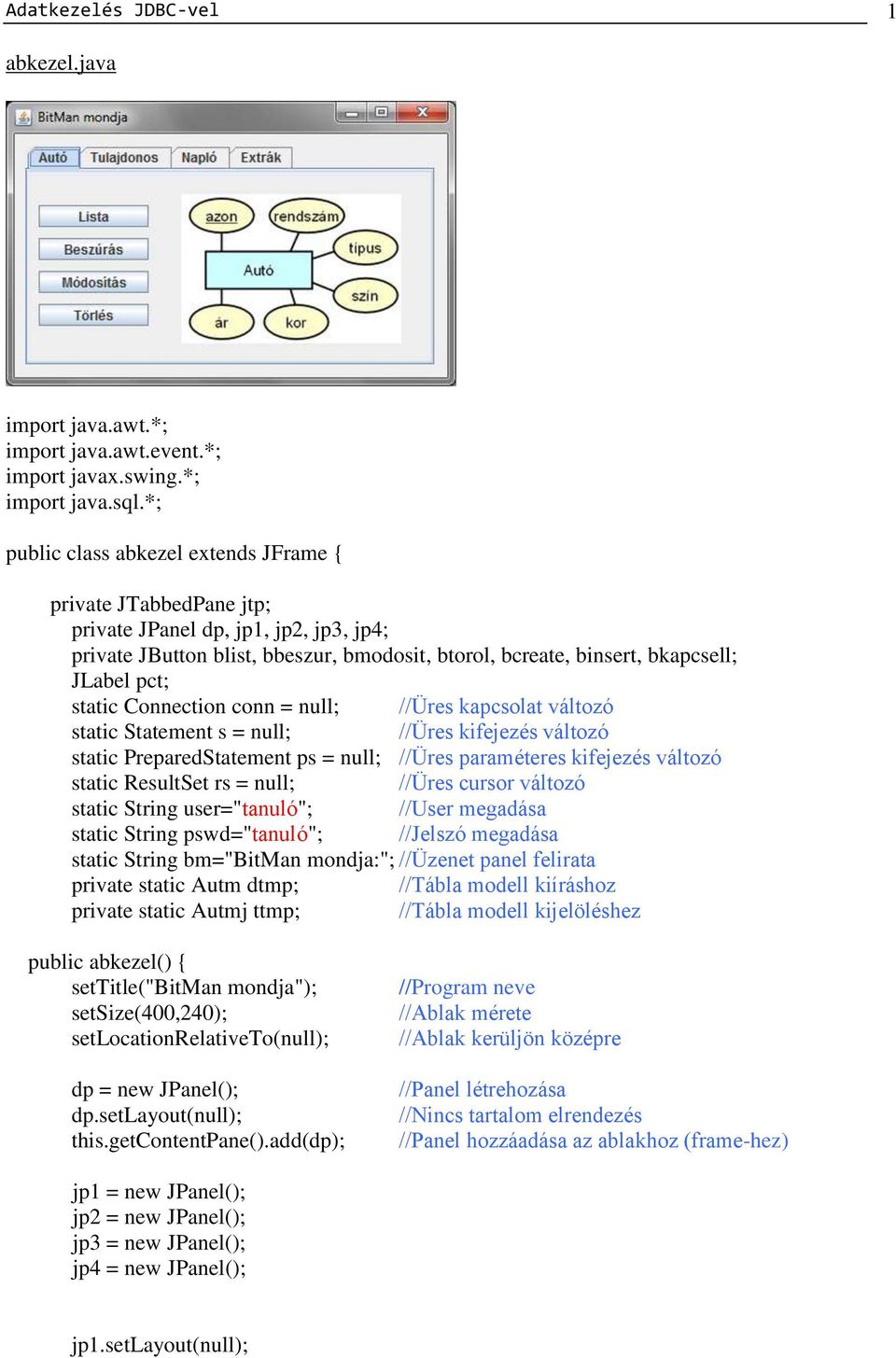 static Connection conn = null; //Üres kapcsolat változó static Statement s = null; //Üres kifejezés változó static PreparedStatement ps = null; //Üres paraméteres kifejezés változó static ResultSet