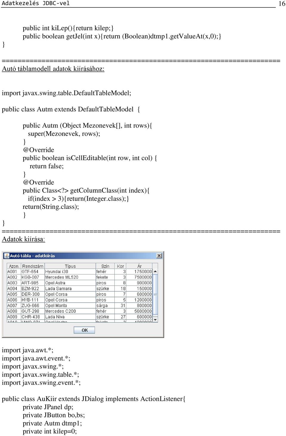 defaulttablemodel; public class Autm extends DefaultTableModel { public Autm (Object Mezonevek[], int rows){ super(mezonevek, rows); @Override public boolean iscelleditable(int row, int col) { return