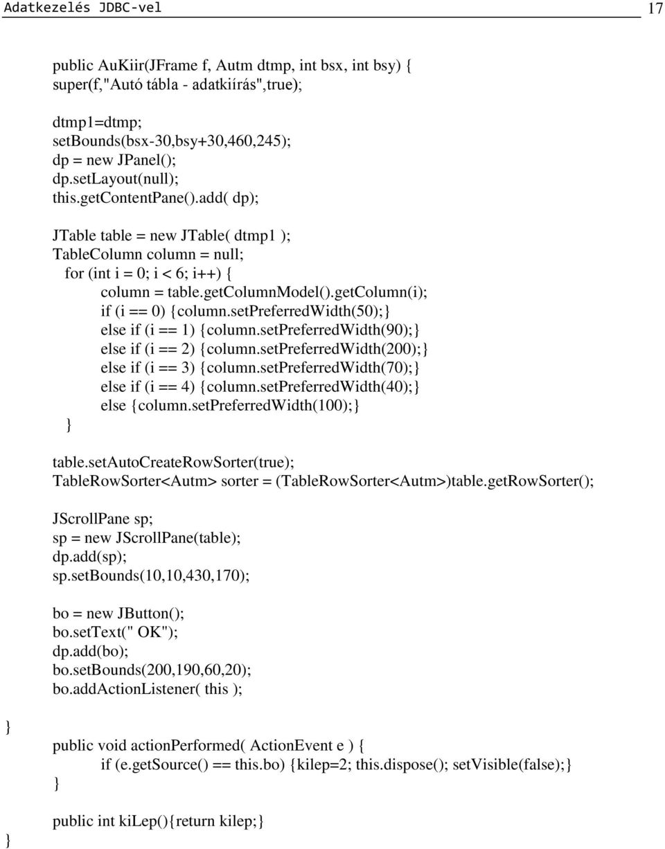 getcolumn(i); if (i == 0) {column.setpreferredwidth(50); else if (i == 1) {column.setpreferredwidth(90); else if (i == 2) {column.setpreferredwidth(200); else if (i == 3) {column.