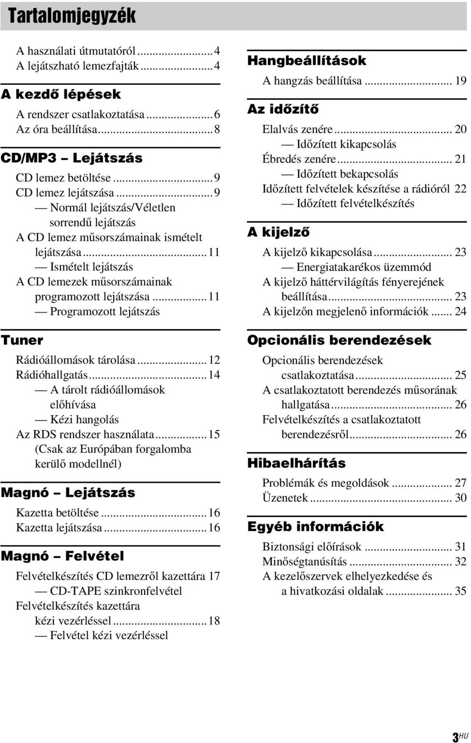 ..11 Programozott lejátszás Tuner Rádióállomások tárolása...12 Rádióhallgatás...14 A tárolt rádióállomások előhívása Kézi hangolás Az RDS rendszer használata.