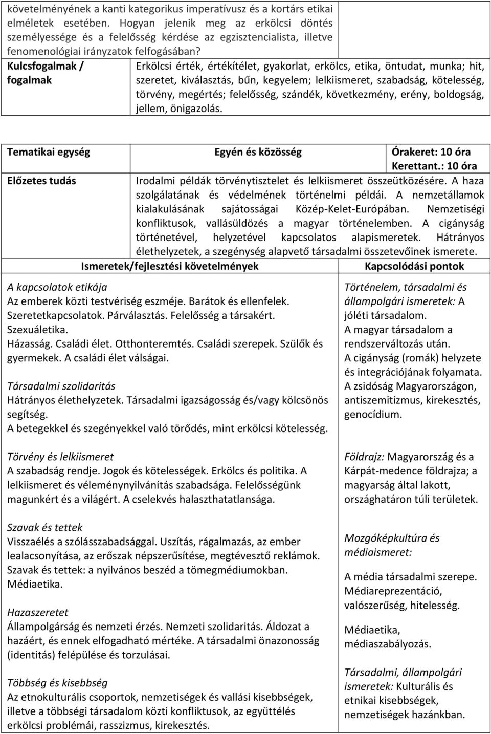 Kulcsfogalmak / fogalmak Erkölcsi érték, értékítélet, gyakorlat, erkölcs, etika, öntudat, munka; hit, szeretet, kiválasztás, bűn, kegyelem; lelkiismeret, szabadság, kötelesség, törvény, megértés;