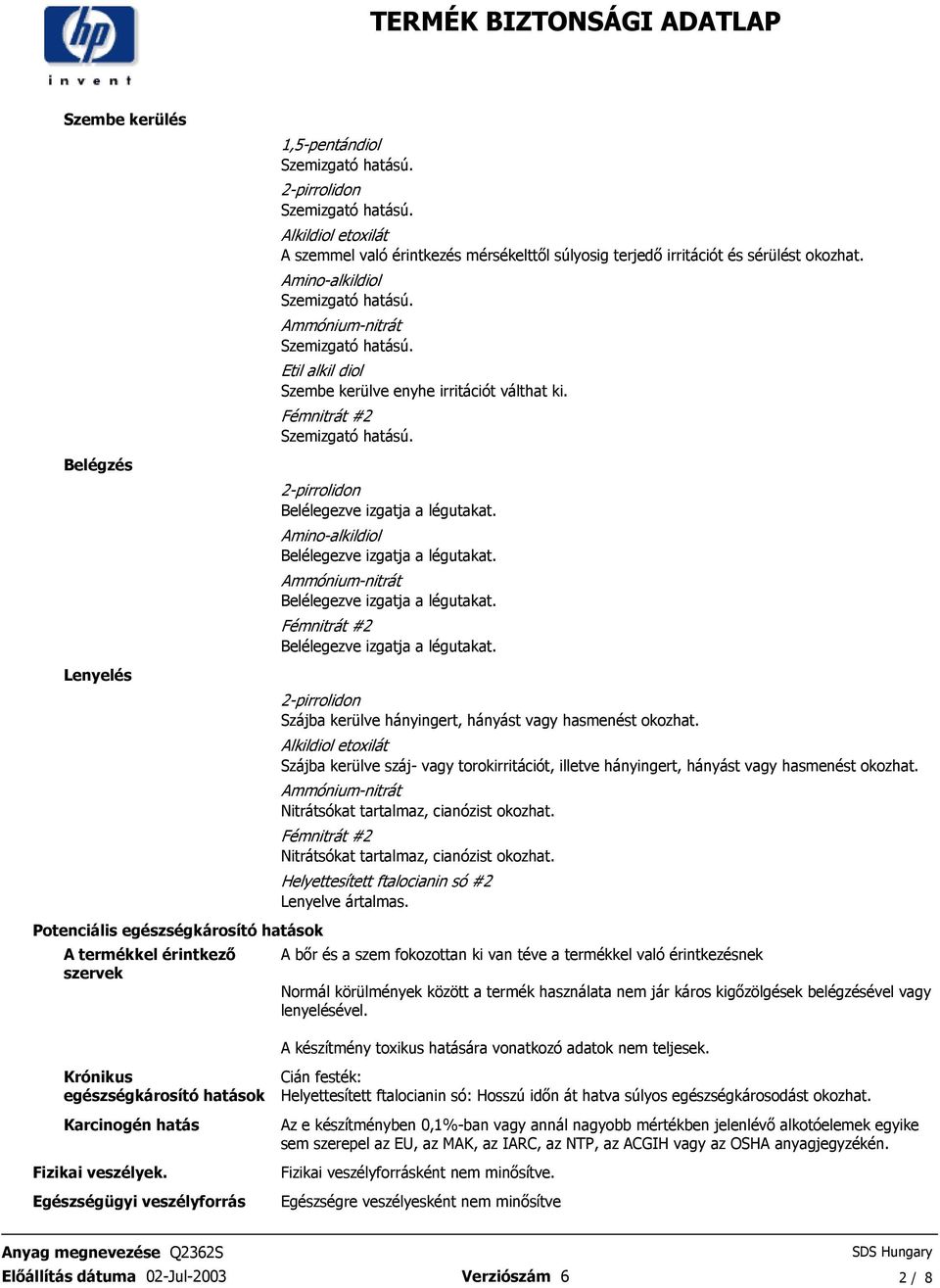 a légutakat Amino-alkildiol Belélegezve izgatja a légutakat Ammónium-nitrát Belélegezve izgatja a légutakat Fémnitrát #2 Belélegezve izgatja a légutakat Potenciális egészségkárosító hatások A