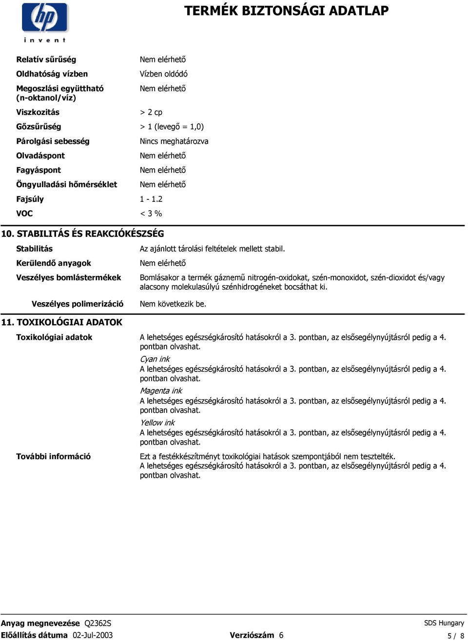 mellett stabil Bomlásakor a termék gáznemő nitrogén-oxidokat, szén-monoxidot, szén-dioxidot és/vagy alacsony molekulasúlyú szénhidrogéneket bocsáthat ki Nem következik be 11 TOXIKOLÓGIAI ADATOK