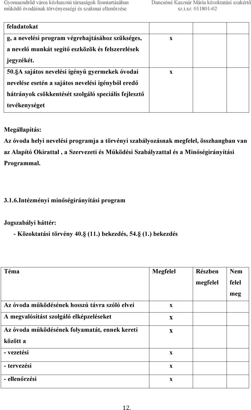 programja a törvényi szabályozásnak, összhangban van az Alapító Okirattal, a Szervezeti és Működési Szabályzattal és a Minőségirányítási Programmal. 3.1.6.