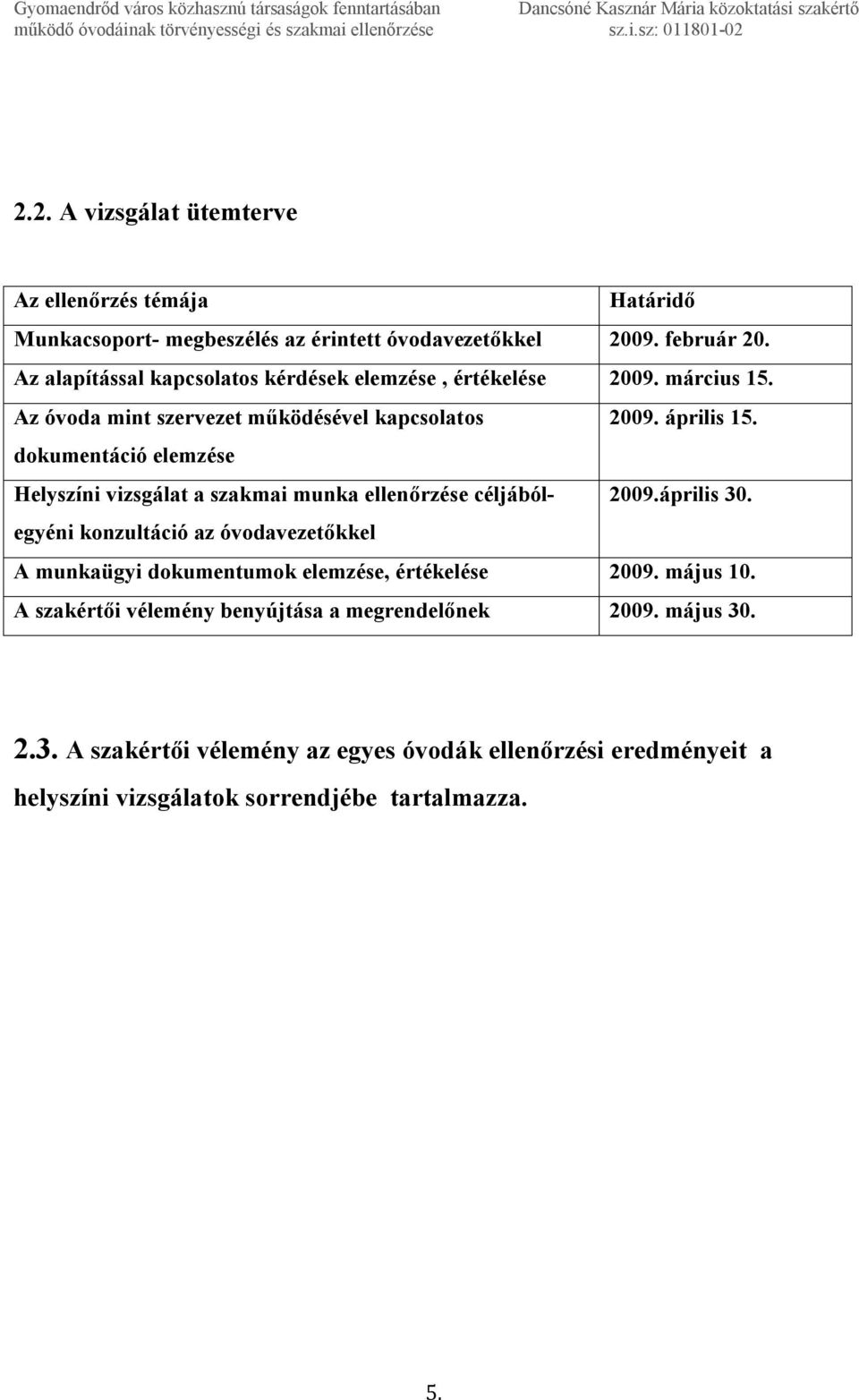 dokumentáció elemzése Helyszíni vizsgálat a szakmai munka ellenőrzése céljából- 2009.április 30.