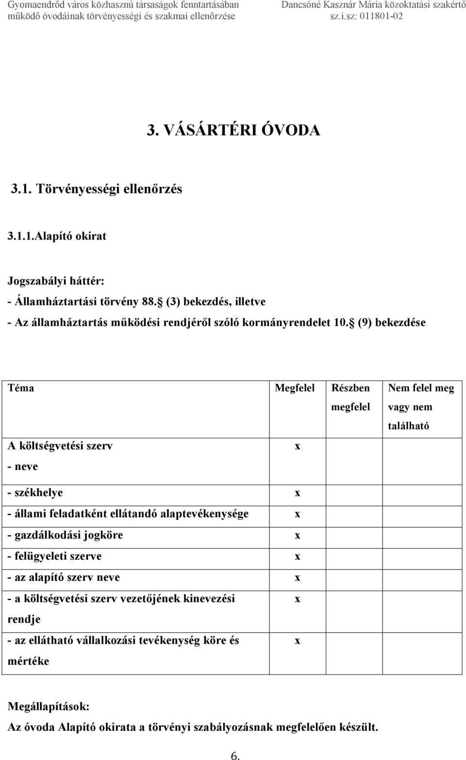 (9) bekezdése Téma Megfelel Részben A költségvetési szerv - neve Nem felel meg vagy nem található - székhelye - állami feladatként ellátandó