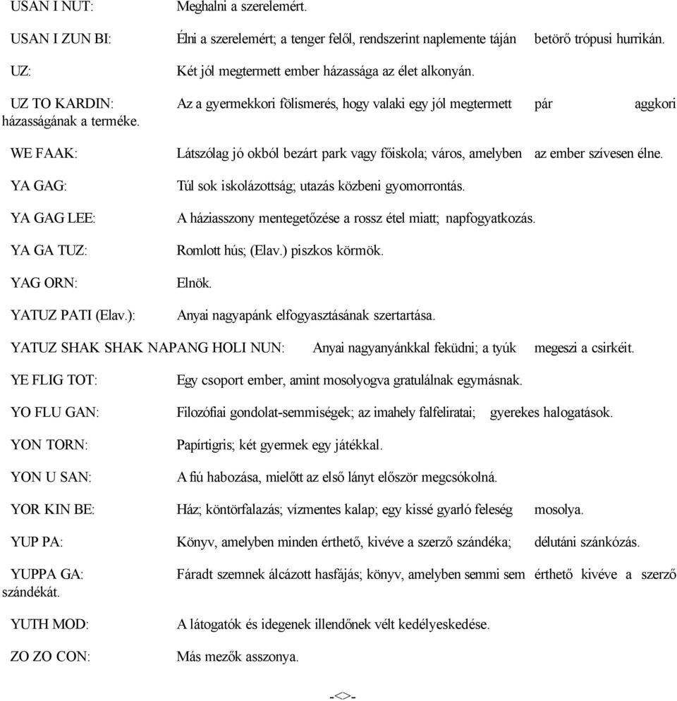 WE FAAK: Látszólag jó okból bezárt park vagy főiskola; város, amelyben az ember szívesen élne. YA GAG: YA GAG LEE: YA GA TUZ: YAG ORN: YATUZ PATI (Elav.