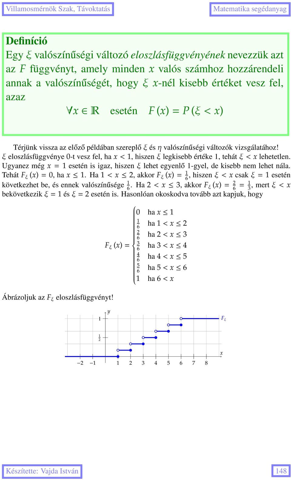 Ugyanez még = esetén is igaz, hiszenξlehet egyenlő -gyel, de kisebb nem lehet nála. Tehát F ξ ()=, ha. Ha <, akkor F ξ ()=, hiszenξ< csakξ= esetén következhet be, és ennek valószínűsége.