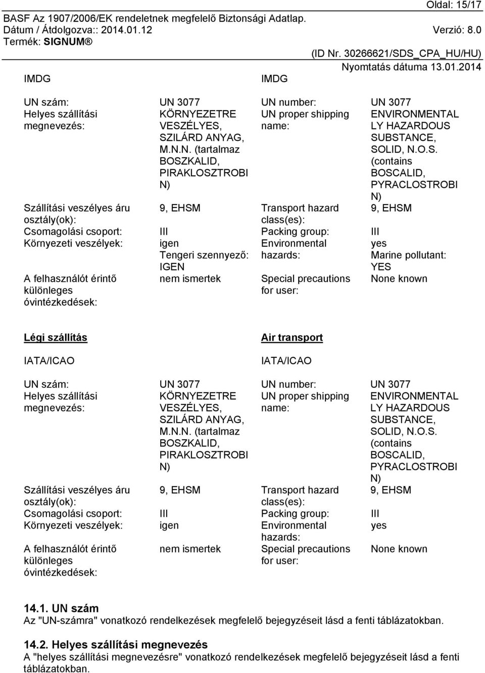 Tengeri szennyező: IGEN Environmental hazards: YES A felhasználót érintő különleges óvintézkedések: nem ismertek Special precautions for user: yes Marine pollutant: None known Légi szállítás