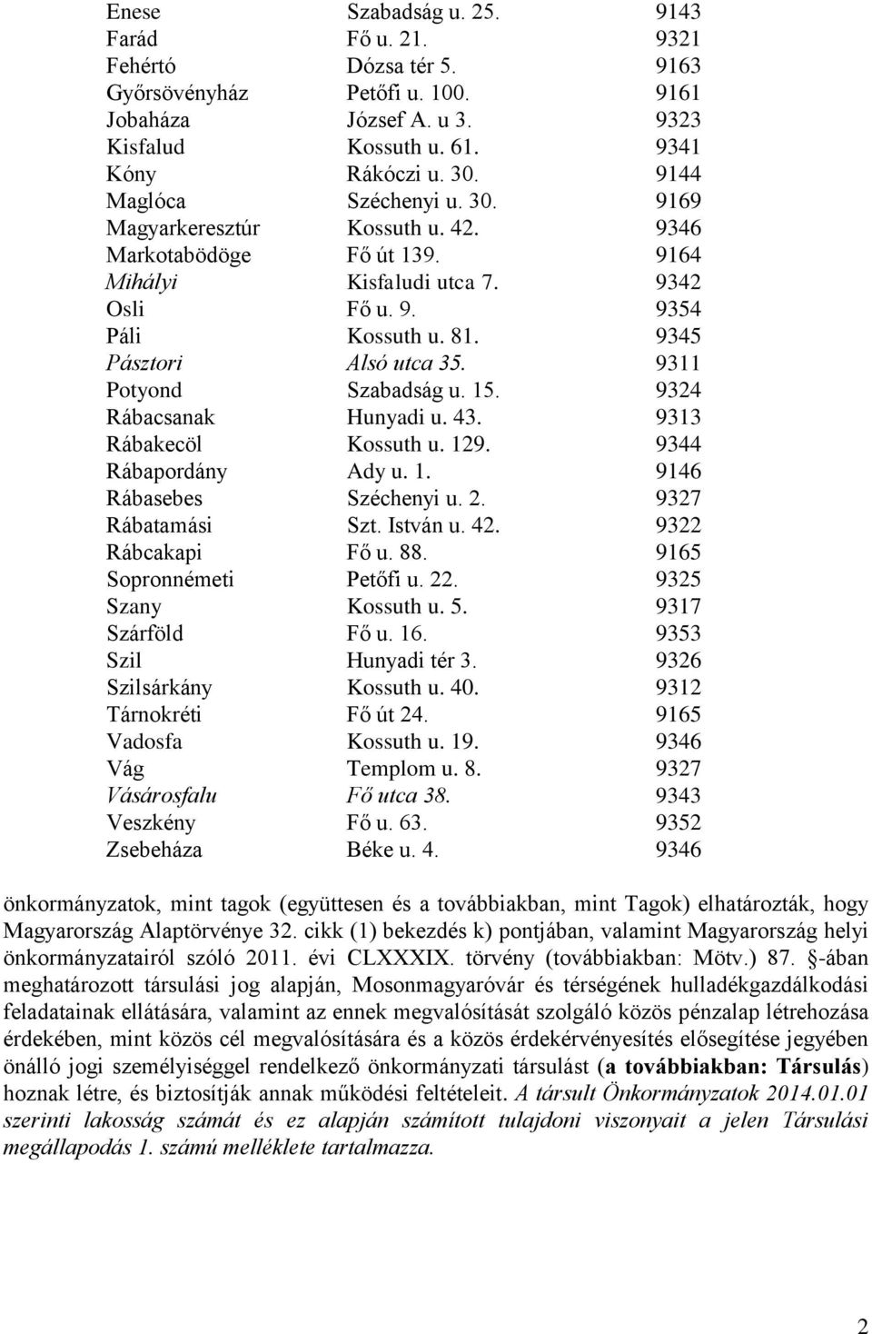 9311 Potyond Szabadság u. 15. 9324 Rábacsanak Hunyadi u. 43. 9313 Rábakecöl Kossuth u. 129. 9344 Rábapordány Ady u. 1. 9146 Rábasebes Széchenyi u. 2. 9327 Rábatamási Szt. István u. 42.