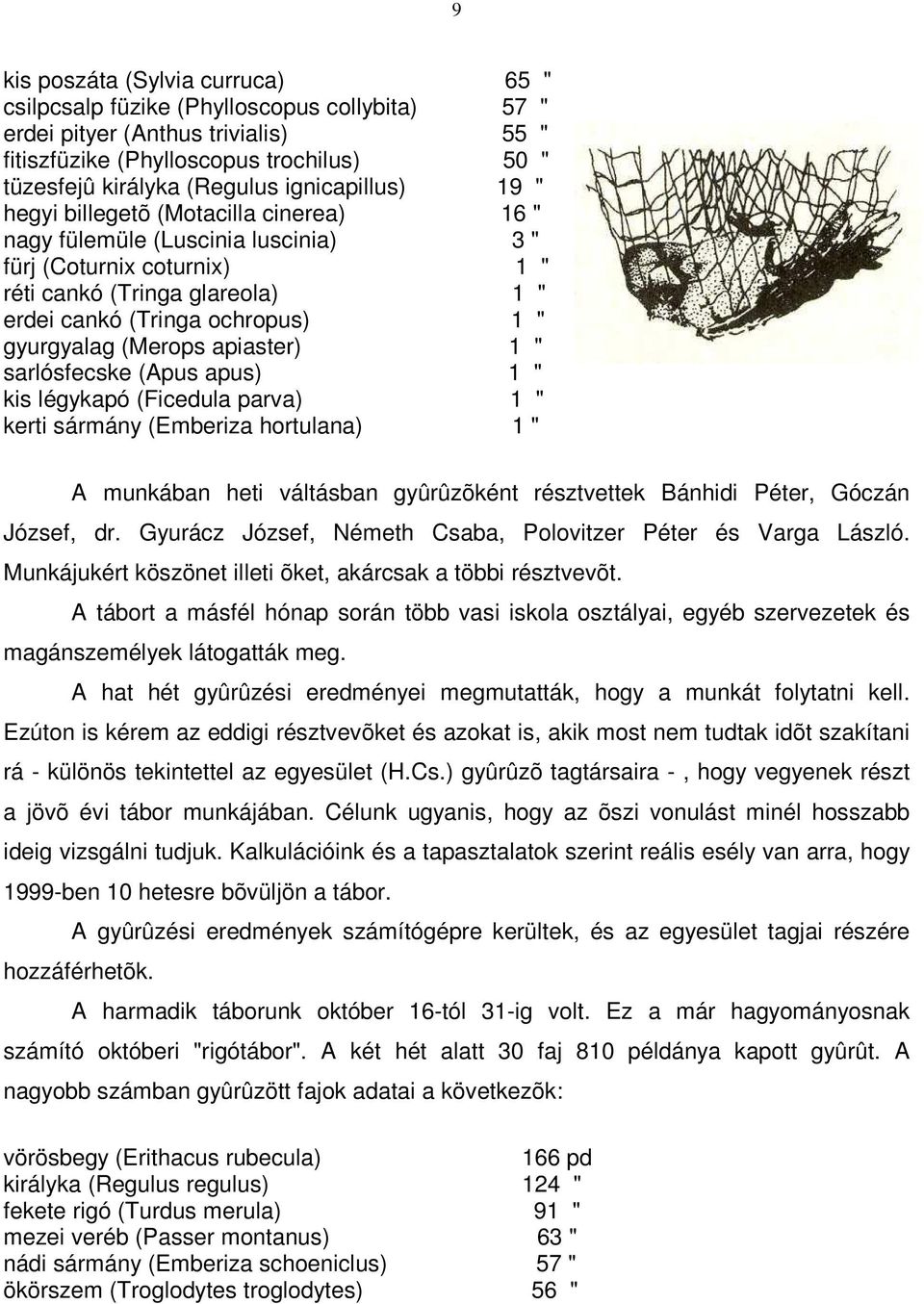 gyurgyalag (Merops apiaster) 1 " sarlósfecske (Apus apus) 1 " kis légykapó (Ficedula parva) 1 " kerti sármány (Emberiza hortulana) 1 " A munkában heti váltásban gyûrûzõként résztvettek Bánhidi Péter,