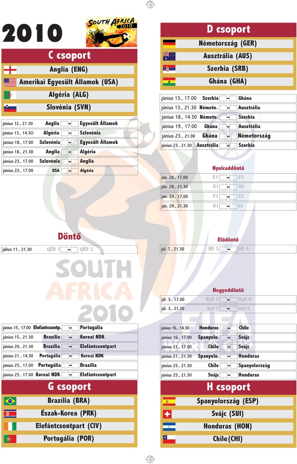 , 17.00 Szerbia Ghána június 13., 21.30 Németo. Ausztrália június 18., 14.30 Németo. Szerbia június 19., 17.00 Ghána Ausztrália június 23., 21.00 Ghána Németország június 23., 21.30 Ausztrália Szerbia Nyolcaddöntõ jún.