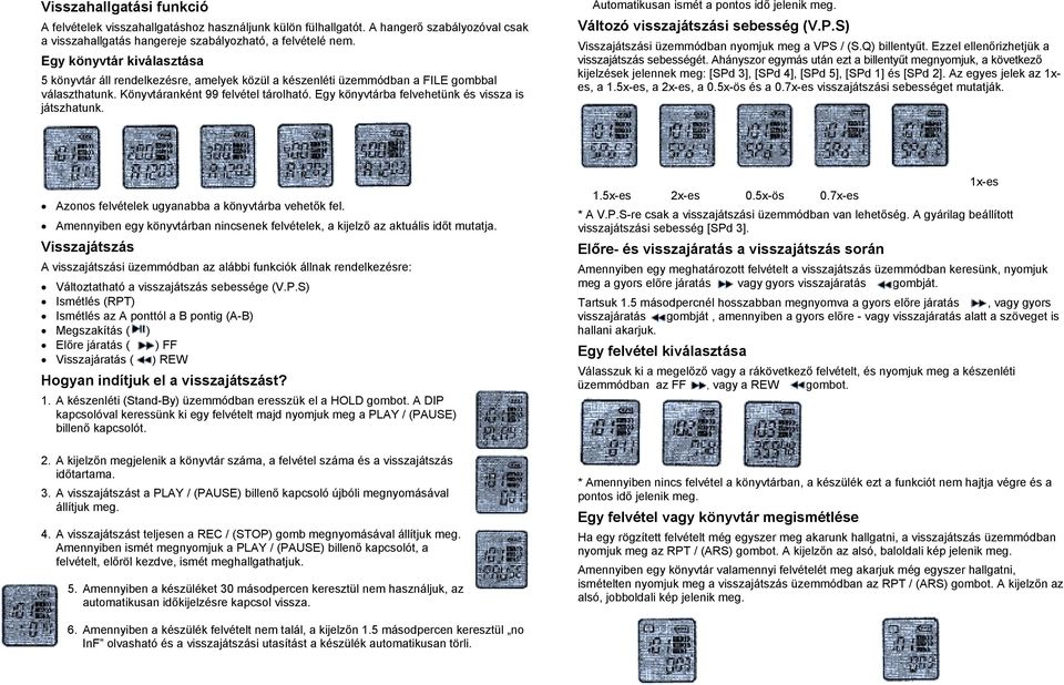 Egy könyvtárba felvehetünk és vissza is játszhatunk. Automatikusan ismét a pontos idő jelenik meg. Változó visszajátszási sebesség (V.P.S) Visszajátszási üzemmódban nyomjuk meg a VPS / (S.