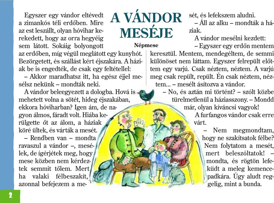 A háziak be is engedték, de csak egy feltétellel: Akkor maradhatsz itt, ha egész éjjel mesélsz nekünk mondták neki. A vándor beleegyezett a dologba.