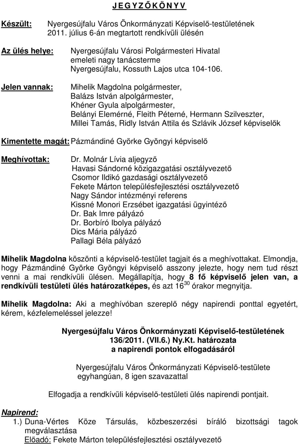 Mihelik Magdolna polgármester, Balázs István alpolgármester, Khéner Gyula alpolgármester, Belányi Elemérné, Fleith Péterné, Hermann Szilveszter, Millei Tamás, Ridly István Attila és Szlávik József
