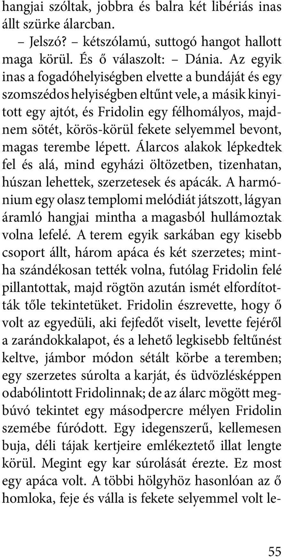 bevont, magas terembe lépett. Álarcos alakok lépkedtek fel és alá, mind egyházi öltözetben, tizenhatan, húszan lehettek, szerzetesek és apácák.