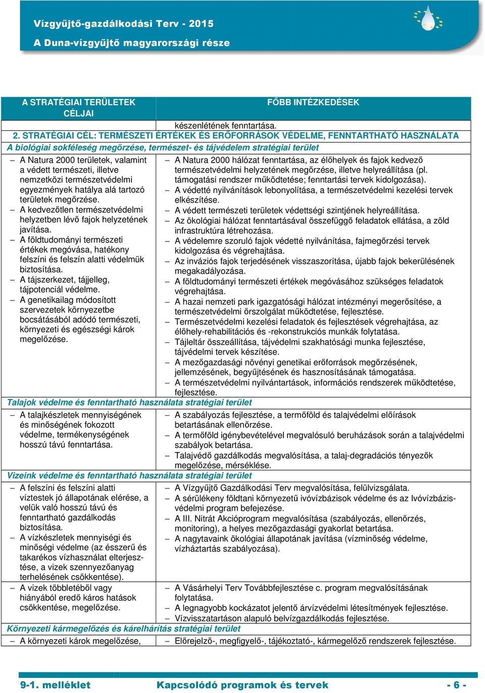 védett természeti, illetve nemzetközi természetvédelmi egyezmények hatálya alá tartozó területek megőrzése. A kedvezőtlen természetvédelmi helyzetben lévő fajok helyzetének javítása.